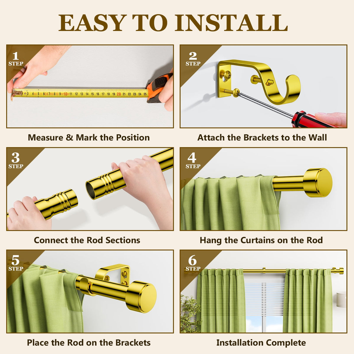 Heavy Duty Adjustable Curtain Rods for Windows, 1-Inch Diameter Curtain Rod, 32-120 Inches (Gold)