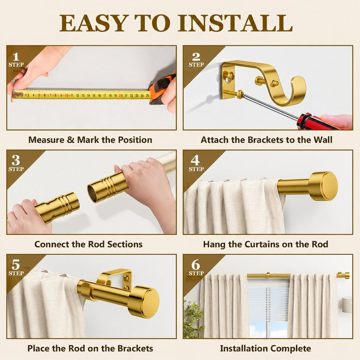 2 Pack Heavy Duty Adjustable Curtain Rods for Windows, 1-Inch Diameter Curtain Rod, 32-120 Inches (Bright gold)