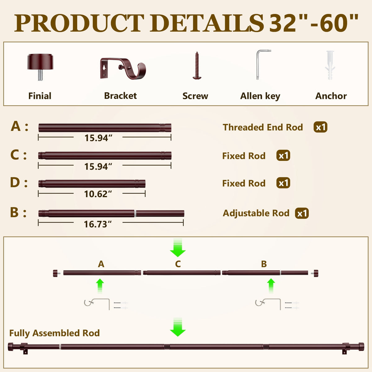 Heavy Duty Adjustable Curtain Rods for Windows, 1-Inch Diameter Curtain Rod, 32-60 Inches (Brown)