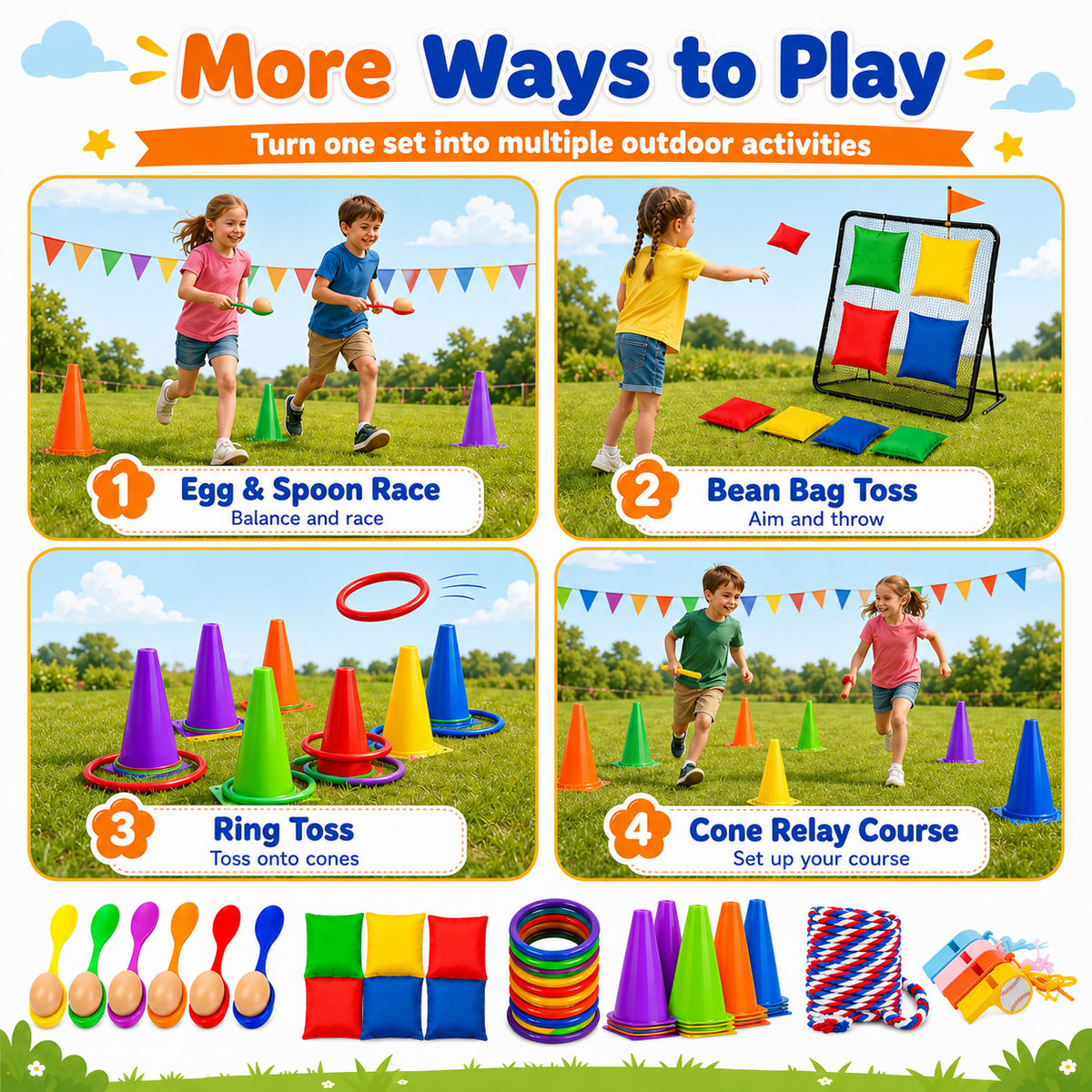 Hxfou 64PCS Outdoor Games Set for Kids, Sack Race Bags, Egg and Spoon Race, Bean Bag Toss, Ring Toss, Cones, Medals, Backyard Field Day Games