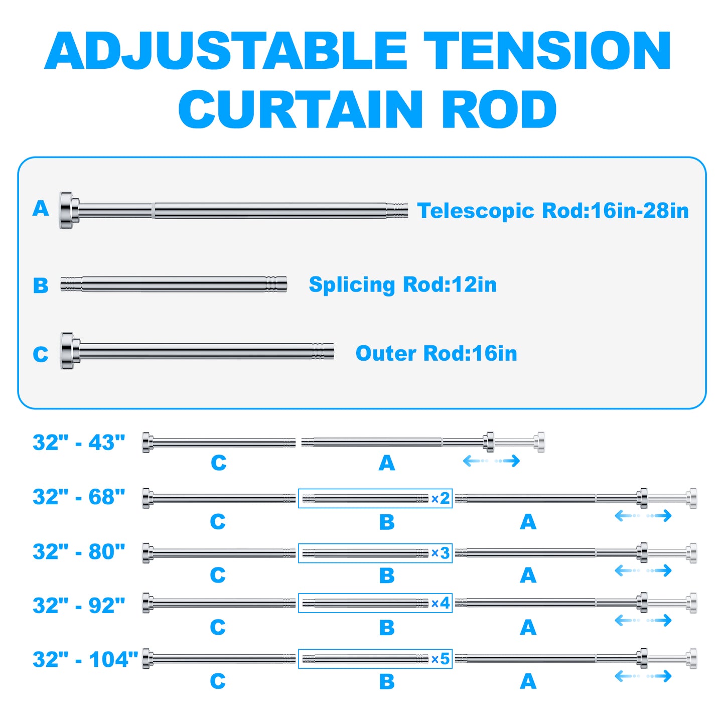 TITGIPE No Drill Telescopic Shower Curtain Rod | 26-76" Adjustable Spring Tension Rod with Anti-Skid Design | Rust-Resistant Stainless Steel for Bathroom