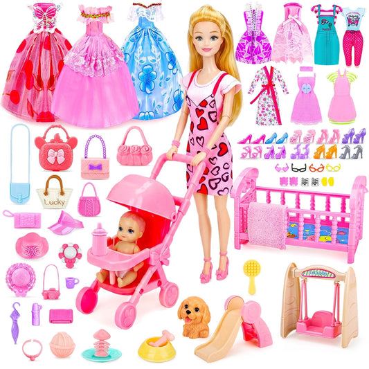 LXUNLN 96PCS Doll Family Playset with Baby, Stroller, Crib & Doll Clothes for Girls ages 3+
