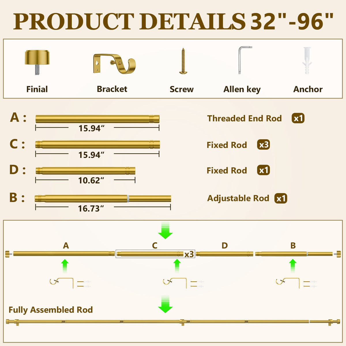 2 Pack Heavy Duty Adjustable Curtain Rods for Windows, 1-Inch Diameter Curtain Rod, 32-96 Inches (Bright gold)