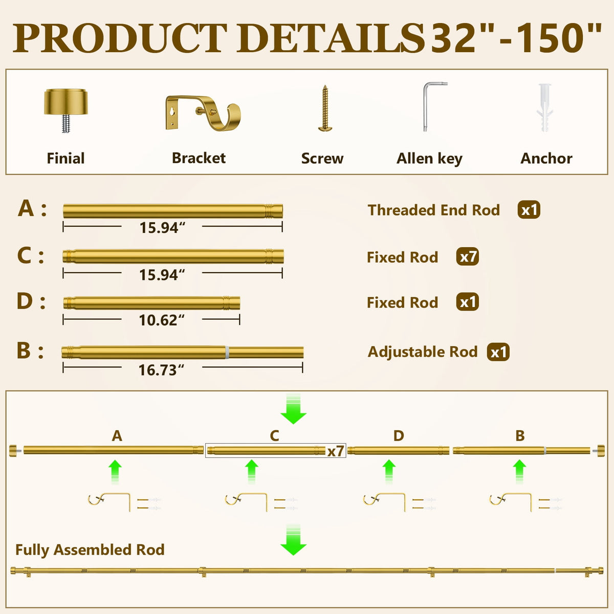 2 Pack Heavy Duty Adjustable Curtain Rods for Windows, 1-Inch Diameter Curtain Rod, 32-150 Inches (Bright gold)