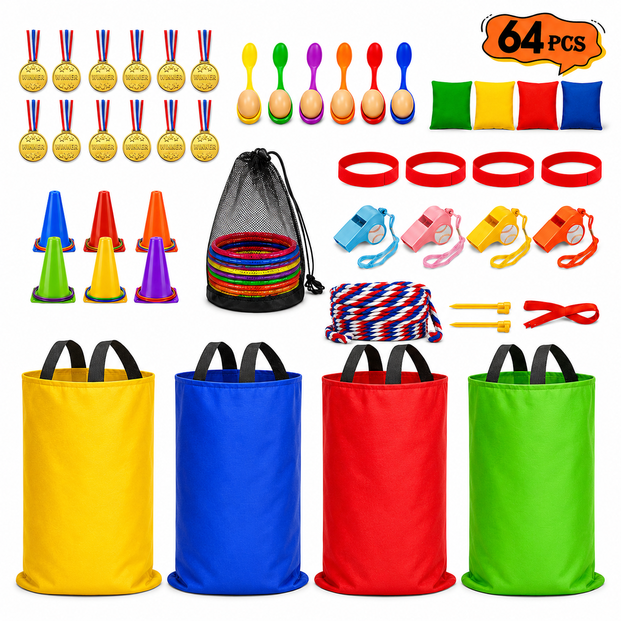 Sbekiev 64PCS Outdoor Games Set for Kids, Sack Race Bags, Egg and Spoon Race, Bean Bag Toss, Ring Toss, Cones, Medals, Backyard Field Day Games