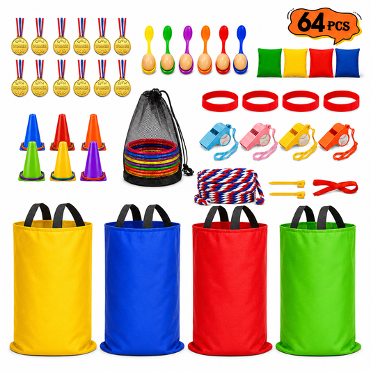 Sbekiev 64PCS Outdoor Games Set for Kids, Sack Race Bags, Egg and Spoon Race, Bean Bag Toss, Ring Toss, Cones, Medals, Backyard Field Day Games