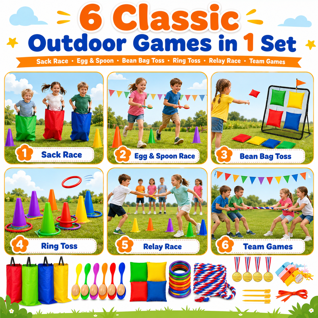 Sbekiev 64PCS Outdoor Games Set for Kids, Sack Race Bags, Egg and Spoon Race, Bean Bag Toss, Ring Toss, Cones, Medals, Backyard Field Day Games