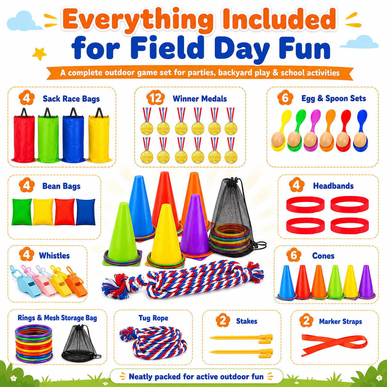 Sbekiev 64PCS Outdoor Games Set for Kids, Sack Race Bags, Egg and Spoon Race, Bean Bag Toss, Ring Toss, Cones, Medals, Backyard Field Day Games