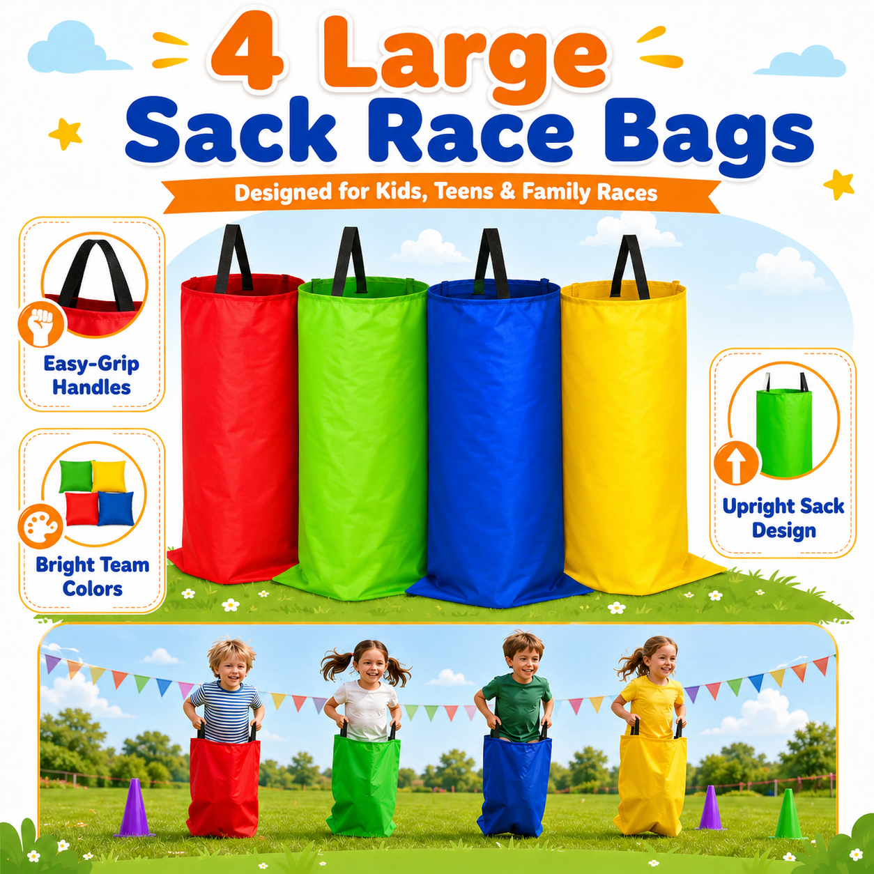 Sbekiev 64PCS Outdoor Games Set for Kids, Sack Race Bags, Egg and Spoon Race, Bean Bag Toss, Ring Toss, Cones, Medals, Backyard Field Day Games