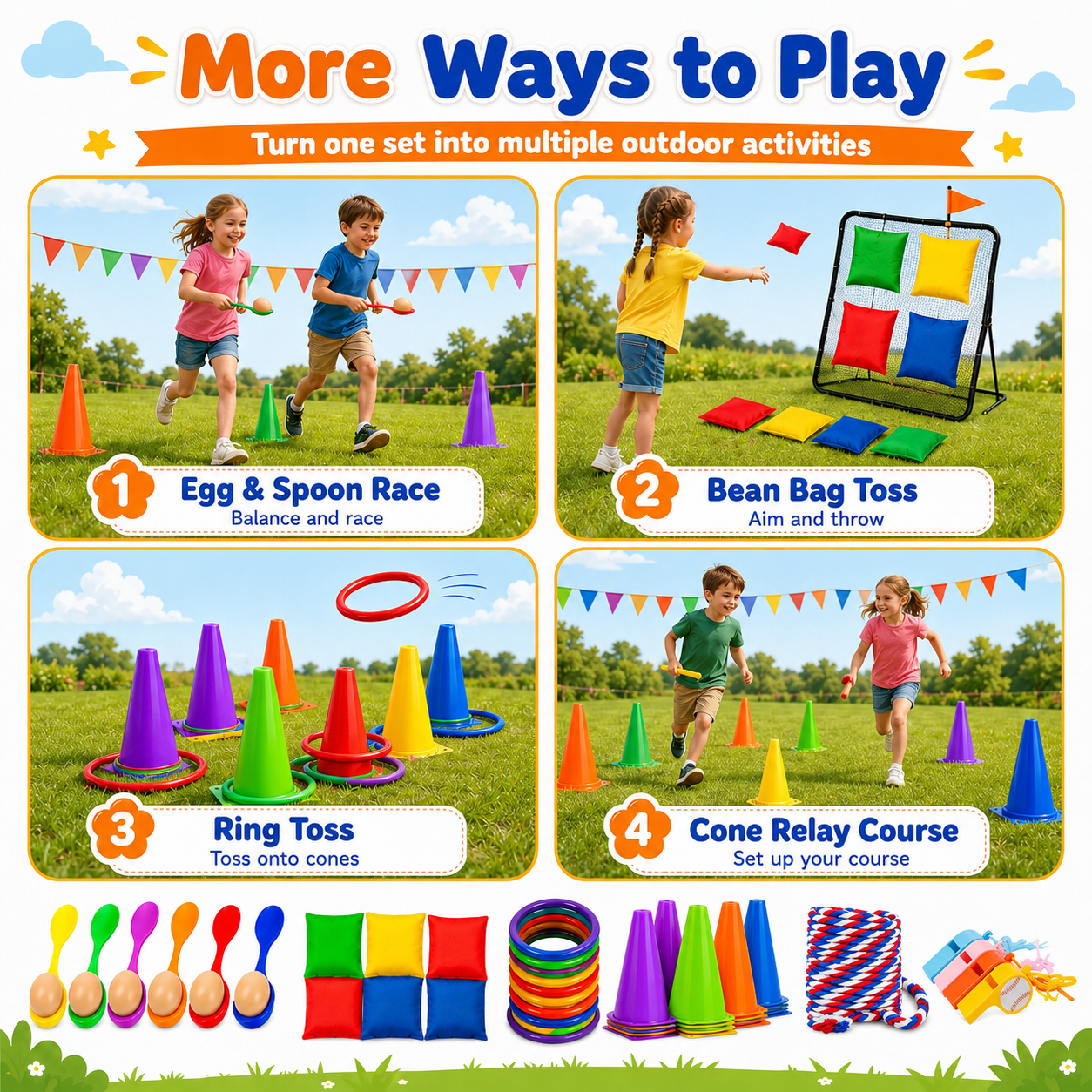 Sbekiev 64PCS Outdoor Games Set for Kids, Sack Race Bags, Egg and Spoon Race, Bean Bag Toss, Ring Toss, Cones, Medals, Backyard Field Day Games