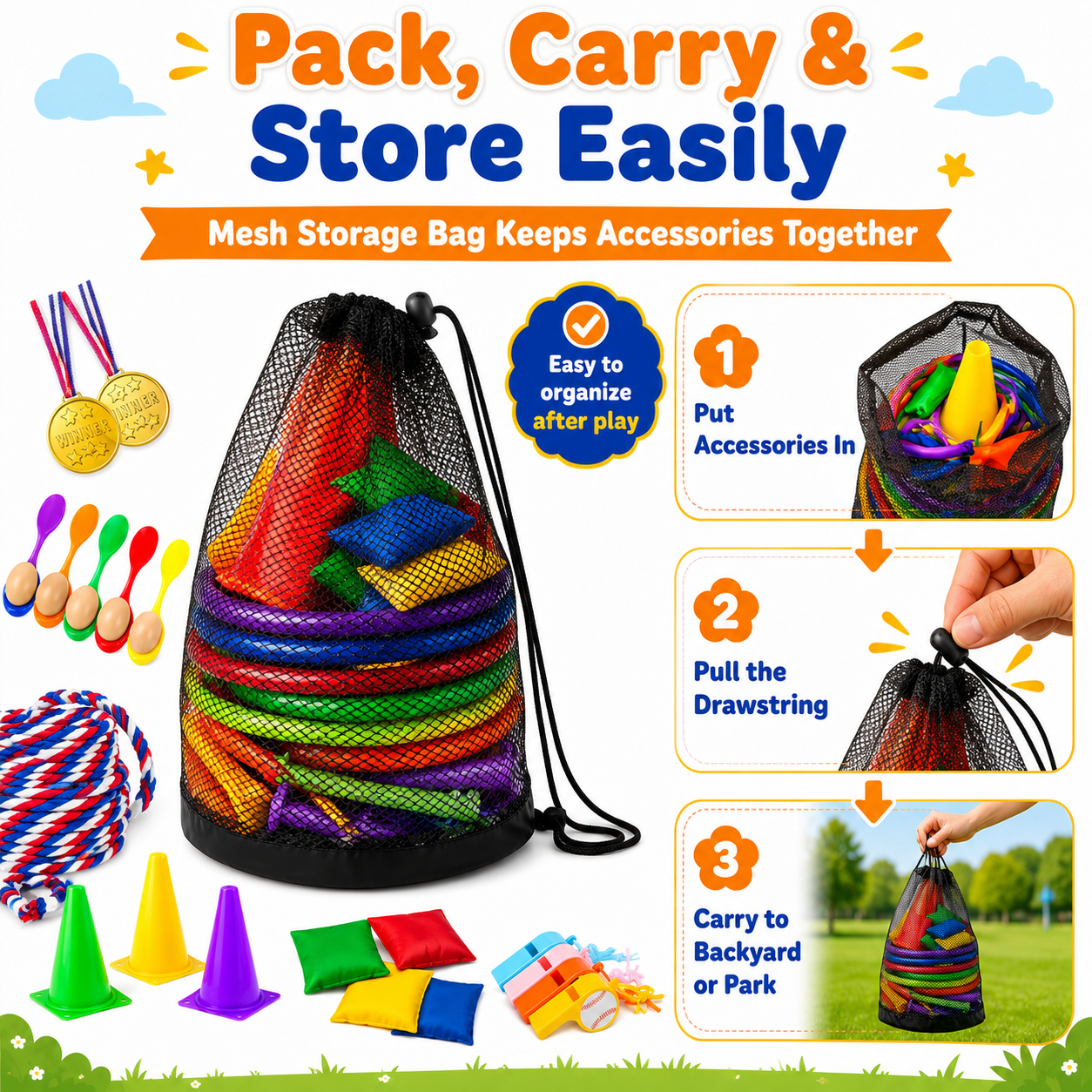 Sbekiev 64PCS Outdoor Games Set for Kids, Sack Race Bags, Egg and Spoon Race, Bean Bag Toss, Ring Toss, Cones, Medals, Backyard Field Day Games