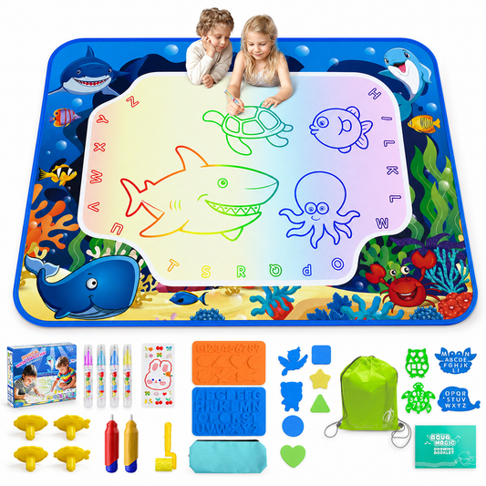 HXFOU Water Doodle Mat for Kids, Ocean Water Drawing Mat with Pens, Stamps, Templates and Storage Bag, Mess-Free Toddler Travel Toys for Ages 3+