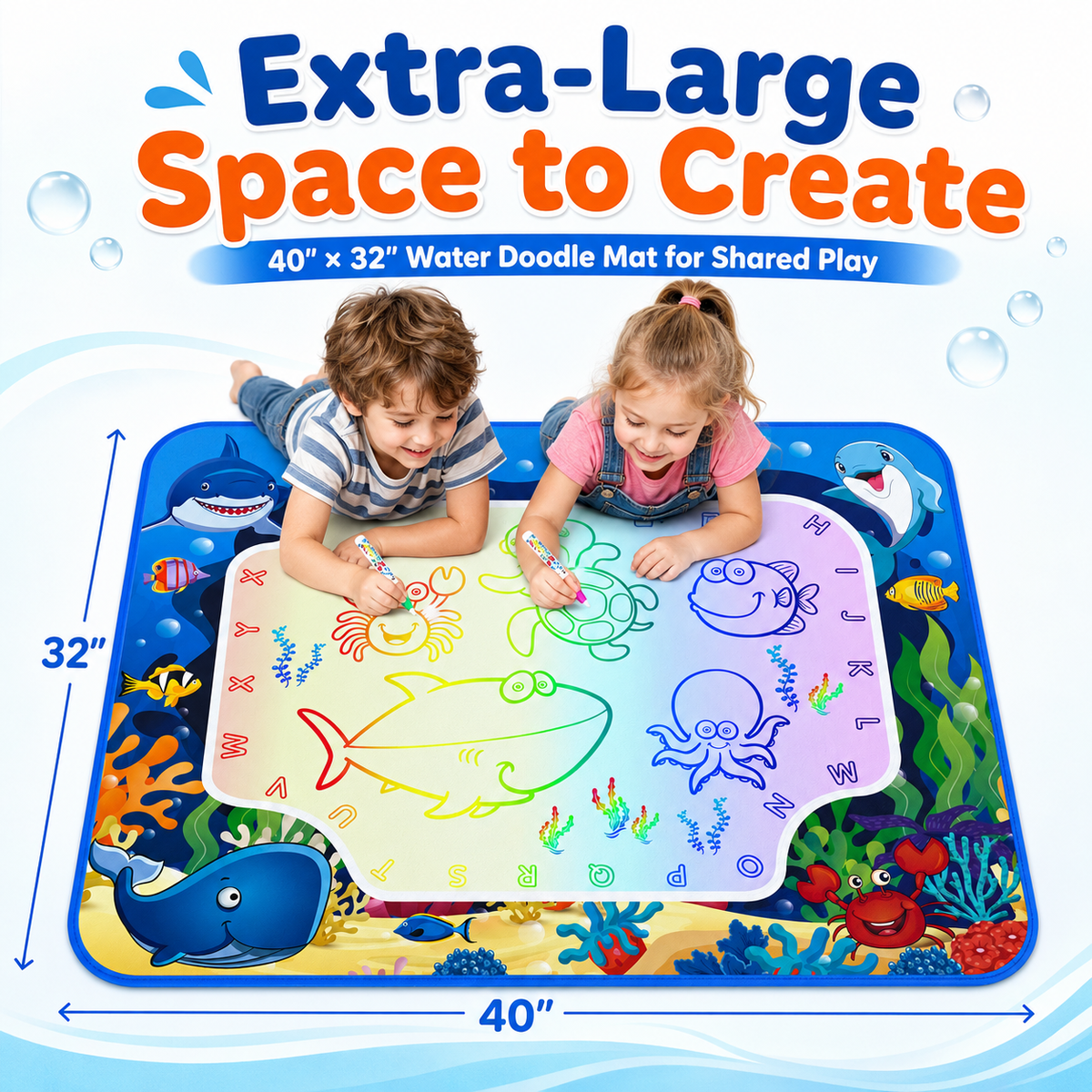 HXFOU Water Doodle Mat for Kids, Ocean Water Drawing Mat with Pens, Stamps, Templates and Storage Bag, Mess-Free Toddler Travel Toys for Ages 3+