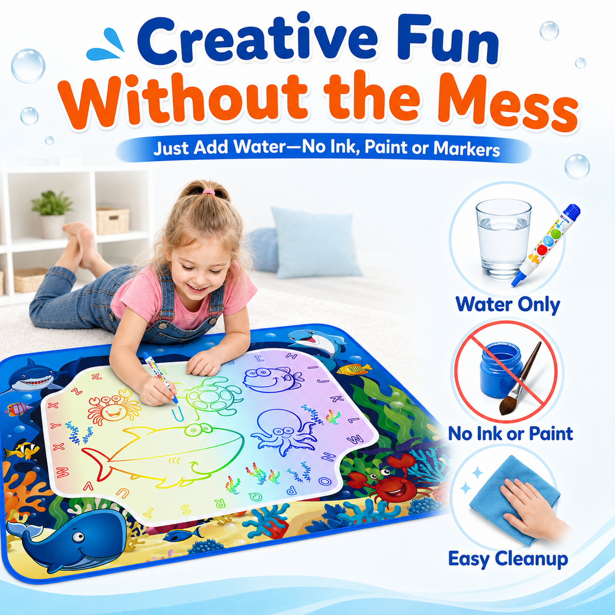 HXFOU Water Doodle Mat for Kids, Ocean Water Drawing Mat with Pens, Stamps, Templates and Storage Bag, Mess-Free Toddler Travel Toys for Ages 3+