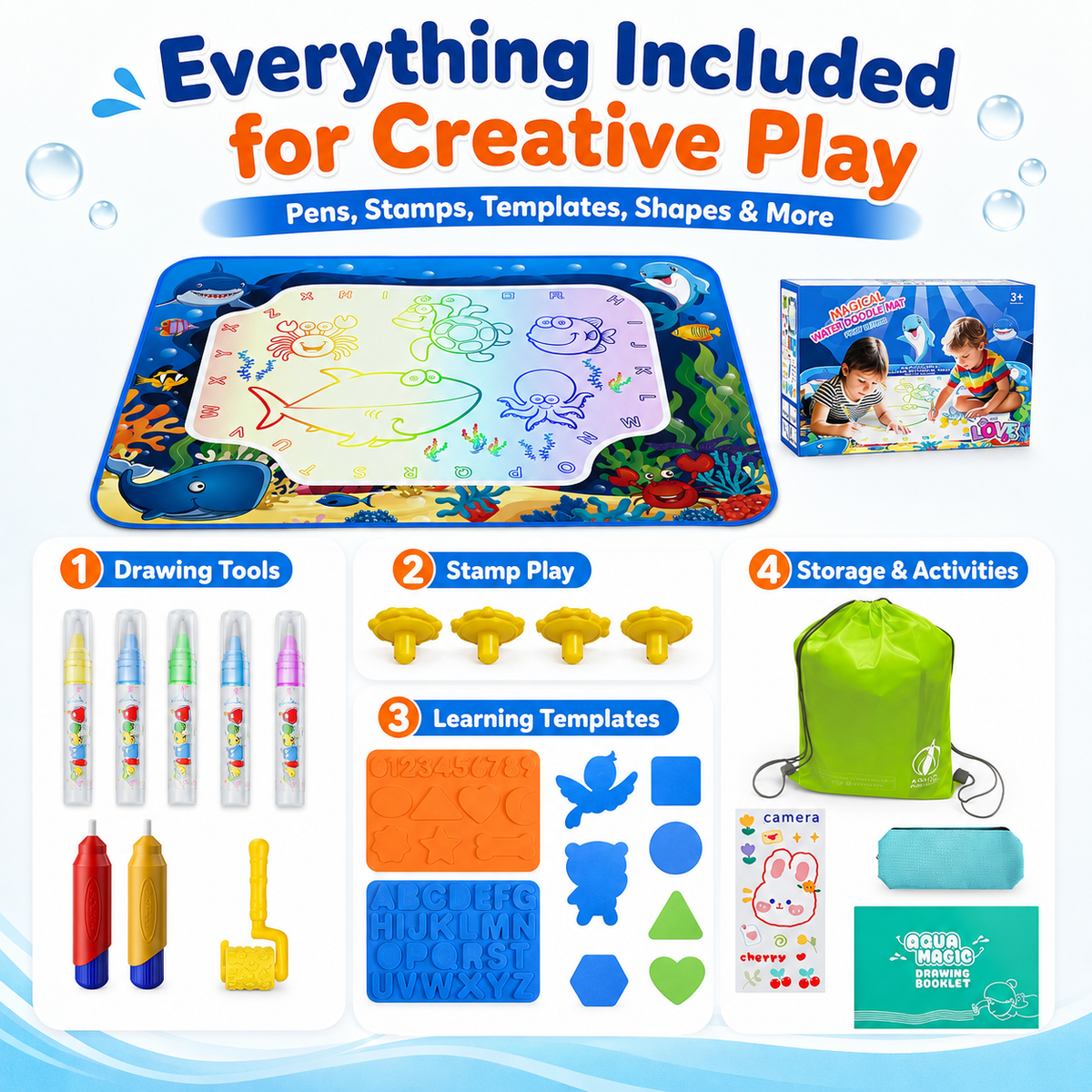 HXFOU Water Doodle Mat for Kids, Ocean Water Drawing Mat with Pens, Stamps, Templates and Storage Bag, Mess-Free Toddler Travel Toys for Ages 3+