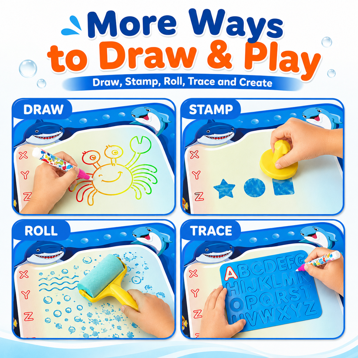 HXFOU Water Doodle Mat for Kids, Ocean Water Drawing Mat with Pens, Stamps, Templates and Storage Bag, Mess-Free Toddler Travel Toys for Ages 3+