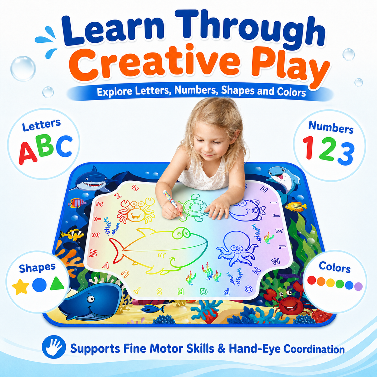 HXFOU Water Doodle Mat for Kids, Ocean Water Drawing Mat with Pens, Stamps, Templates and Storage Bag, Mess-Free Toddler Travel Toys for Ages 3+