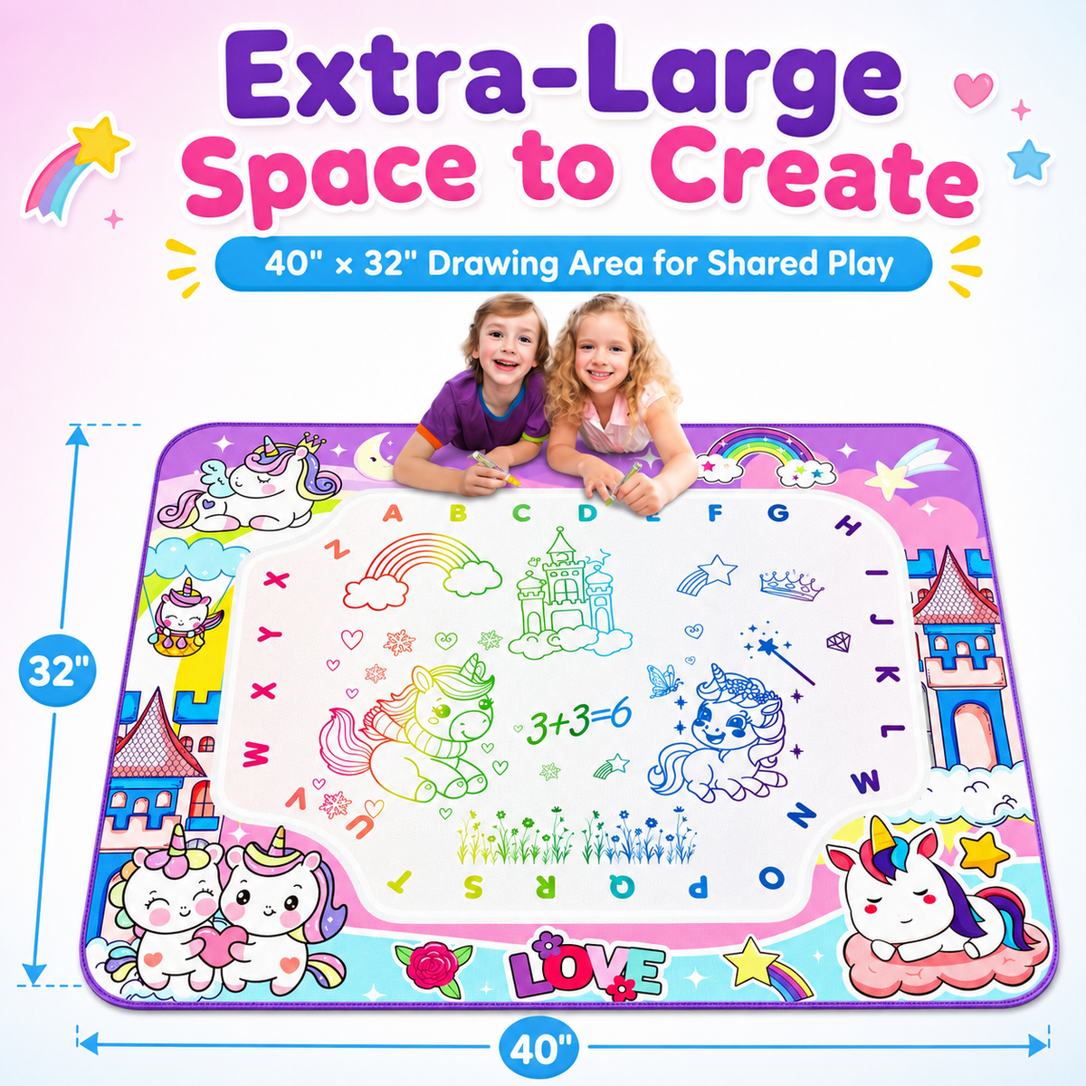 HXFOU Water Doodle Mat for Kids, Reusable Water Drawing Mat with Magic Pens, No Mess Painting & Writing Educational Toddler Toys for Boys Girls Ages 3 4 5 6 7 Years Old Gift