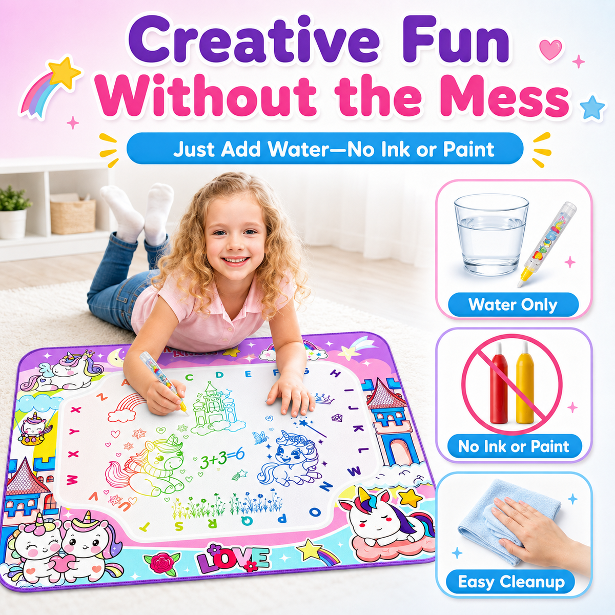 HXFOU Water Doodle Mat for Kids, Reusable Water Drawing Mat with Magic Pens, No Mess Painting & Writing Educational Toddler Toys for Boys Girls Ages 3 4 5 6 7 Years Old Gift