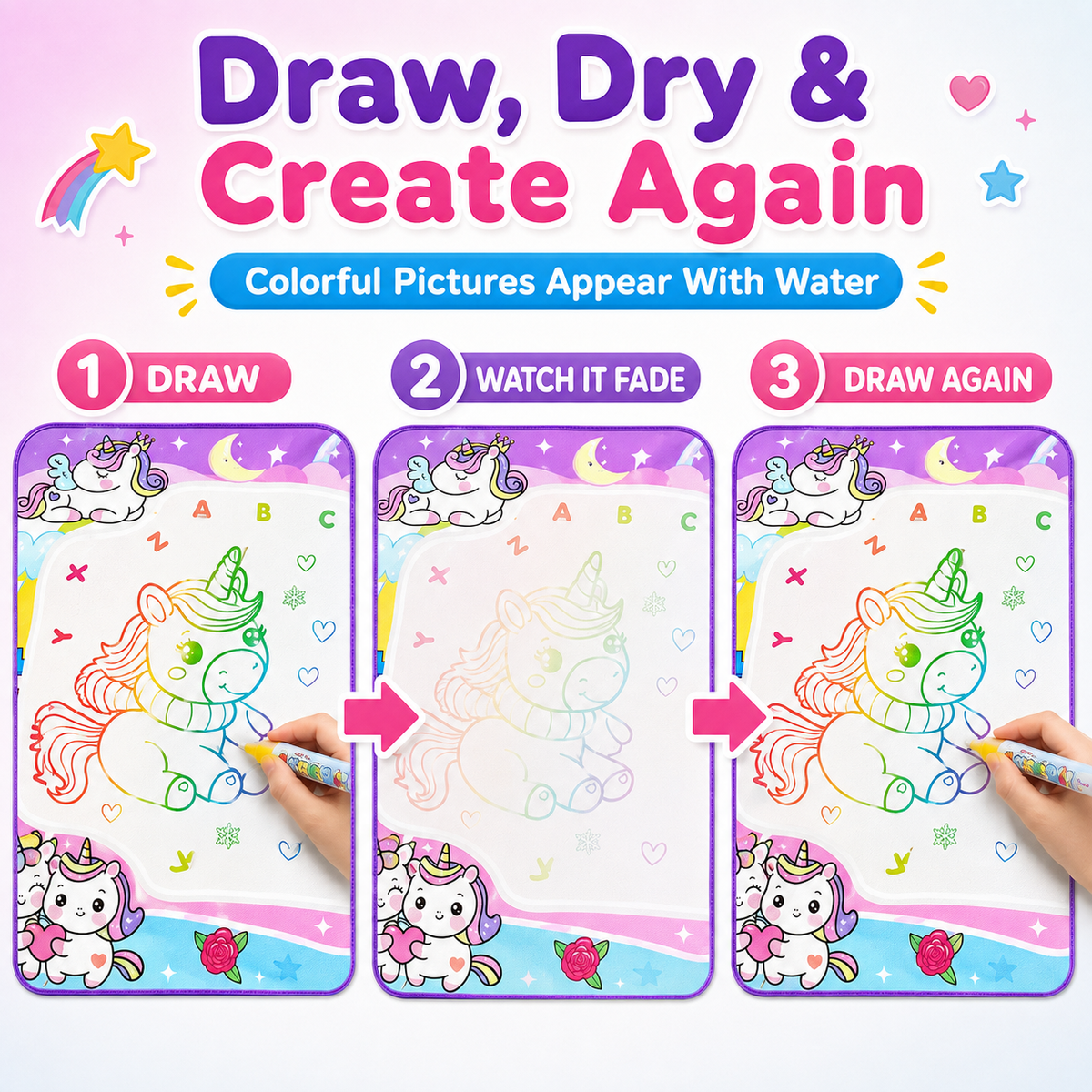 HXFOU Water Doodle Mat for Kids, Reusable Water Drawing Mat with Magic Pens, No Mess Painting & Writing Educational Toddler Toys for Boys Girls Ages 3 4 5 6 7 Years Old Gift