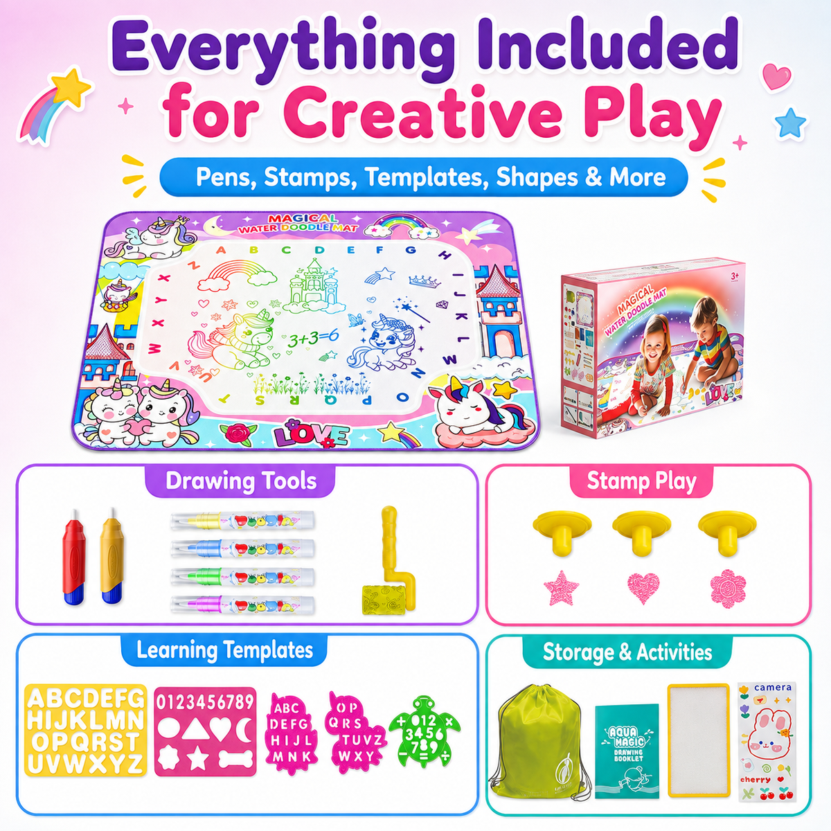 HXFOU Water Doodle Mat for Kids, Reusable Water Drawing Mat with Magic Pens, No Mess Painting & Writing Educational Toddler Toys for Boys Girls Ages 3 4 5 6 7 Years Old Gift