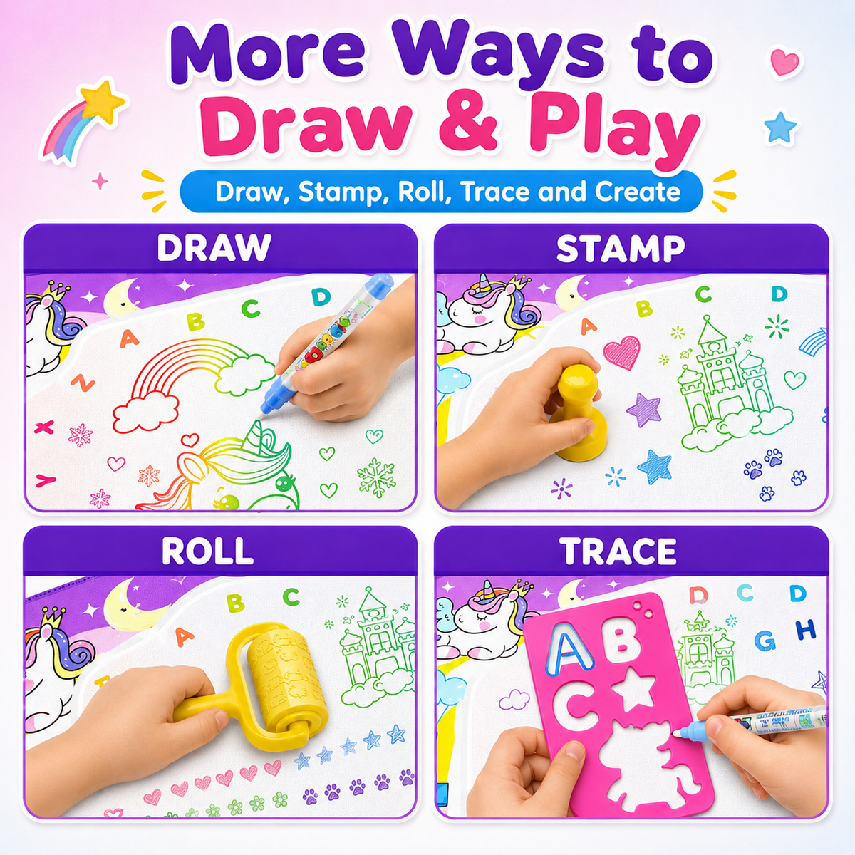 HXFOU Water Doodle Mat for Kids, Reusable Water Drawing Mat with Magic Pens, No Mess Painting & Writing Educational Toddler Toys for Boys Girls Ages 3 4 5 6 7 Years Old Gift