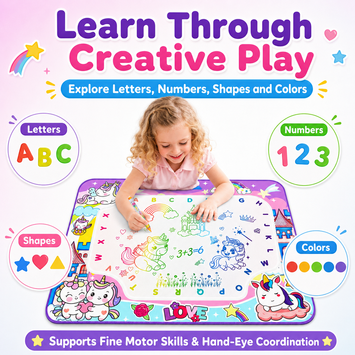 HXFOU Water Doodle Mat for Kids, Reusable Water Drawing Mat with Magic Pens, No Mess Painting & Writing Educational Toddler Toys for Boys Girls Ages 3 4 5 6 7 Years Old Gift