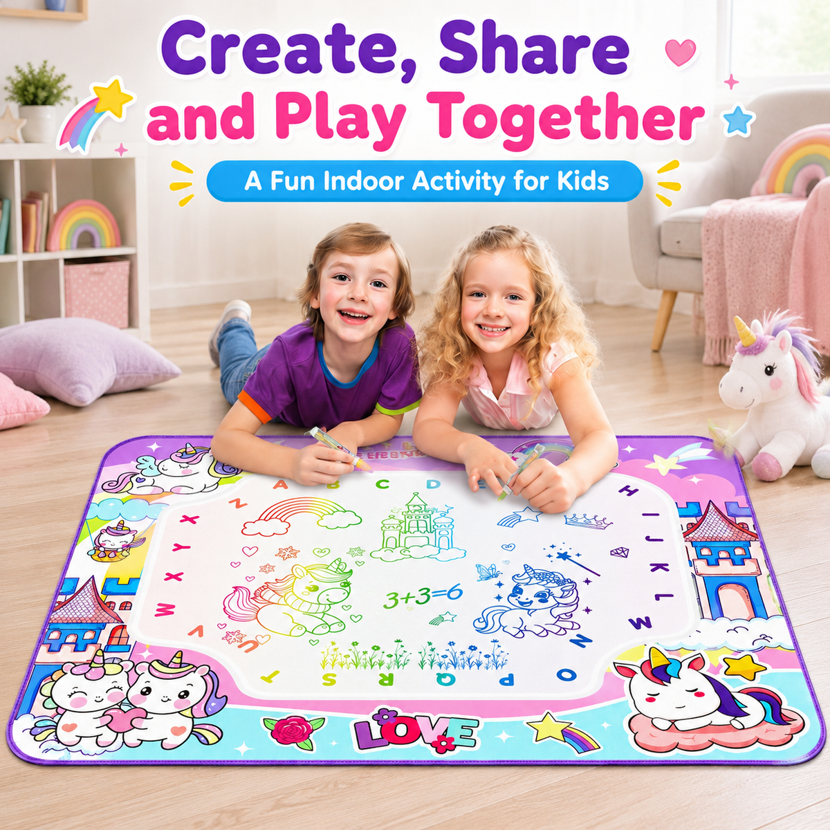 HXFOU Water Doodle Mat for Kids, Reusable Water Drawing Mat with Magic Pens, No Mess Painting & Writing Educational Toddler Toys for Boys Girls Ages 3 4 5 6 7 Years Old Gift