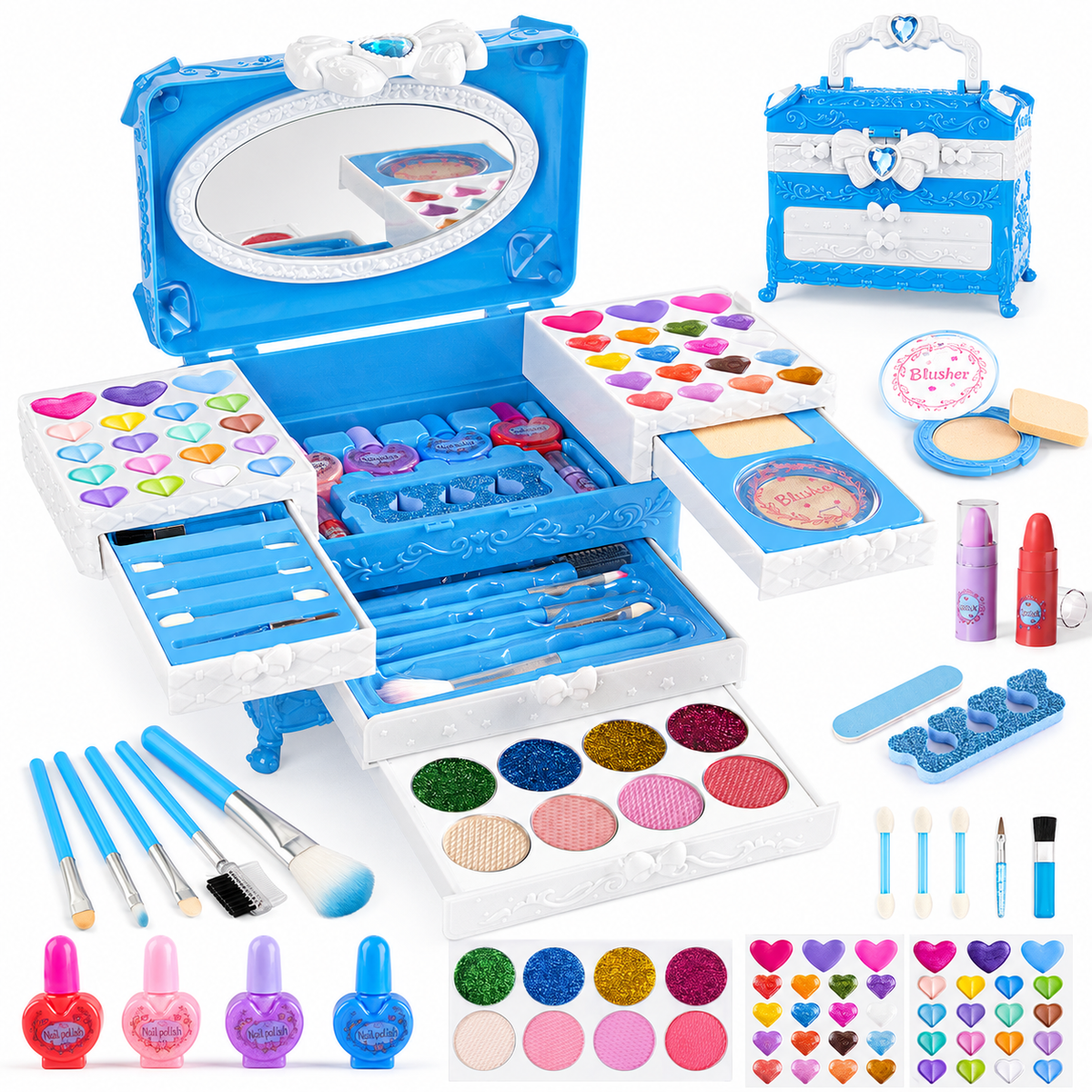 LXUNLN 66PCS Kids Makeup Kit for Girls, Washable Makeup Set, Girls Toys Ages 3-12(Blue)