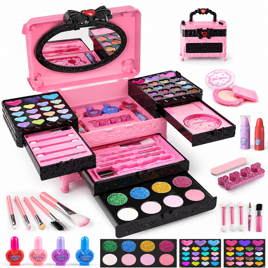 LXUNLN 66PCS Kids Makeup Kit for Girls, Washable Makeup Set, Girls Toys Ages 3-12(Pink & Black)