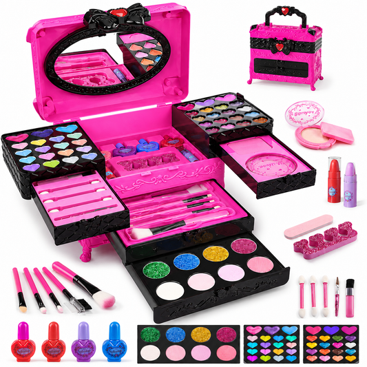 LXUNLN 66PCS Kids Makeup Kit for Girls, Washable Makeup Set, Girls Toys Ages 3-12(Rose Red)