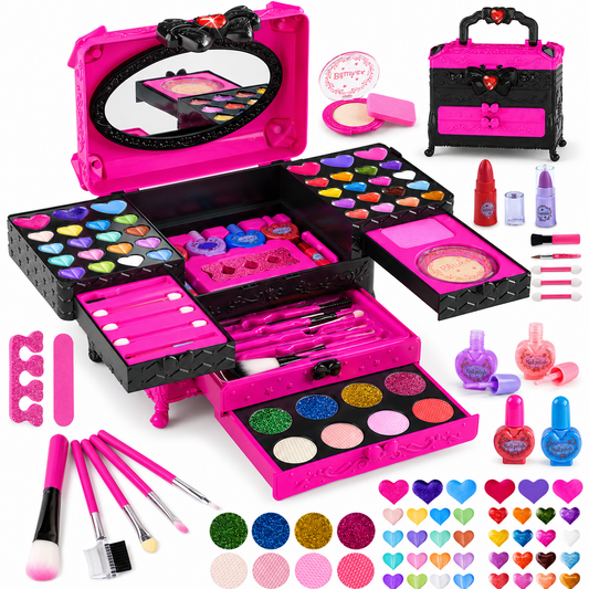 LXUNLN 66PCS Kids Makeup Kit for Girls, Washable Makeup Set, Girls Toys Ages 3-12(Rose Red & Black)