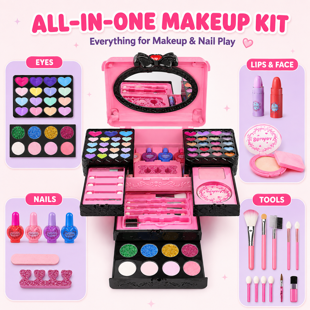 LXUNLN 66PCS Kids Makeup Kit for Girls, Washable Makeup Set, Girls Toys Ages 3-12(Pink & Black)