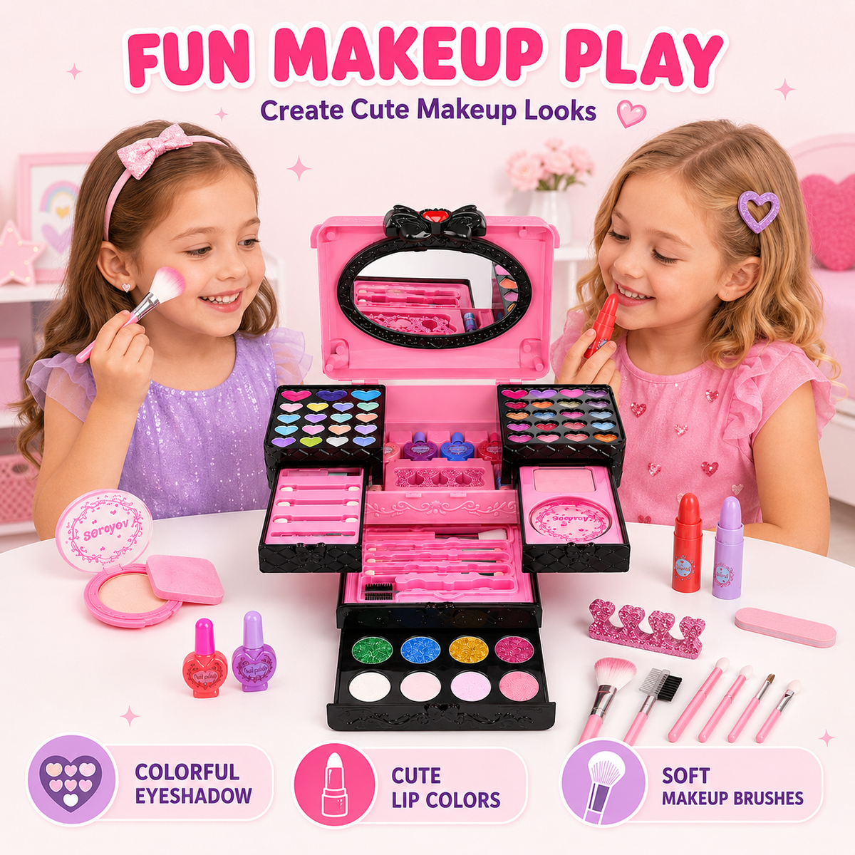 LXUNLN 66PCS Kids Makeup Kit for Girls, Washable Makeup Set, Girls Toys Ages 3-12(Pink & Black)