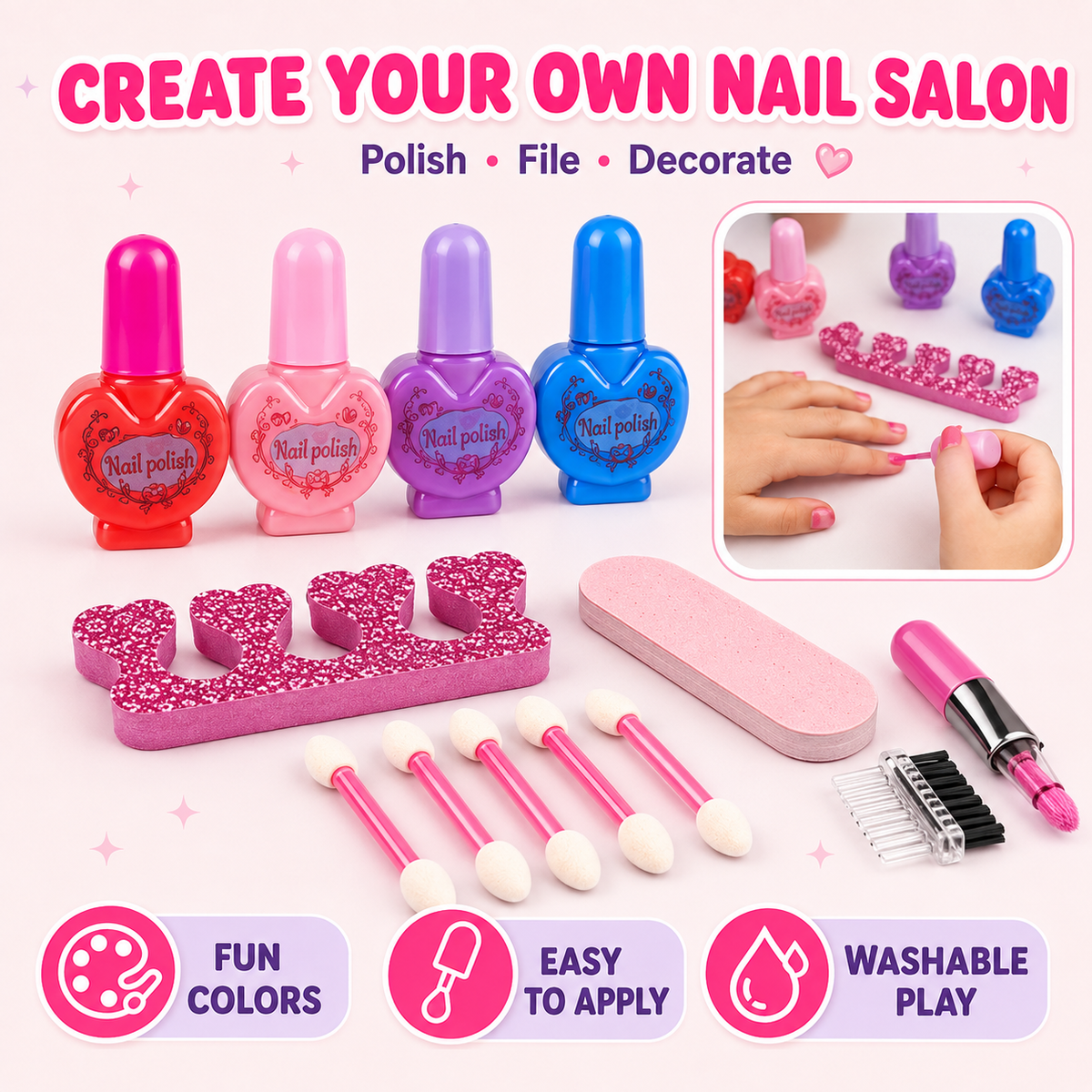 LXUNLN 66PCS Kids Makeup Kit for Girls, Washable Makeup Set, Girls Toys Ages 3-12(Pink & Black)