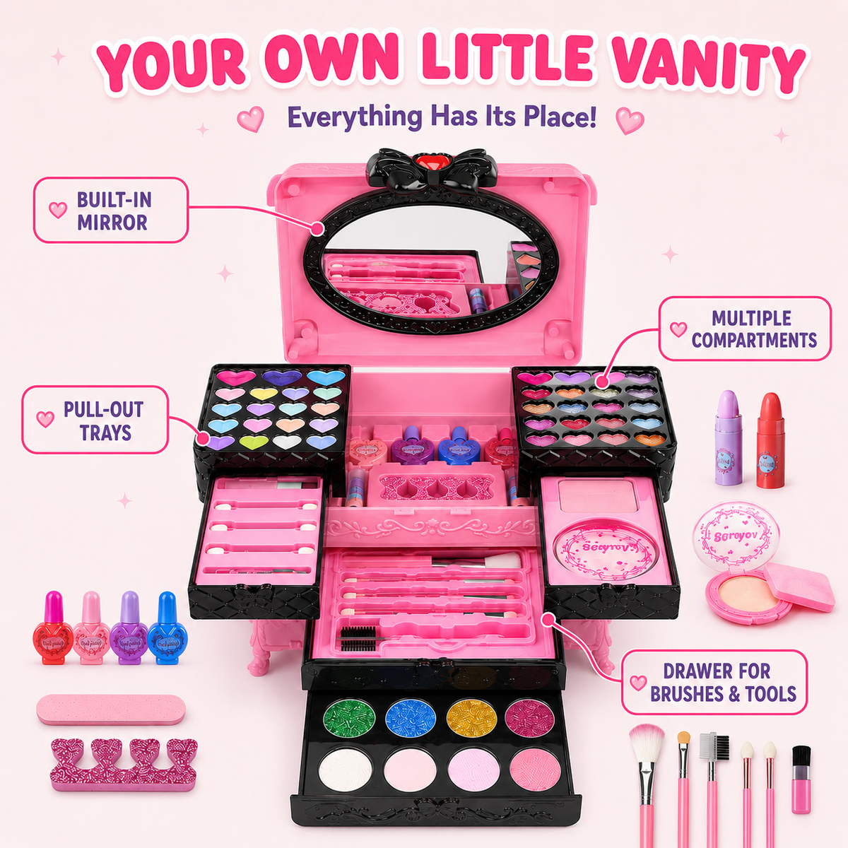LXUNLN 66PCS Kids Makeup Kit for Girls, Washable Makeup Set, Girls Toys Ages 3-12(Pink & Black)