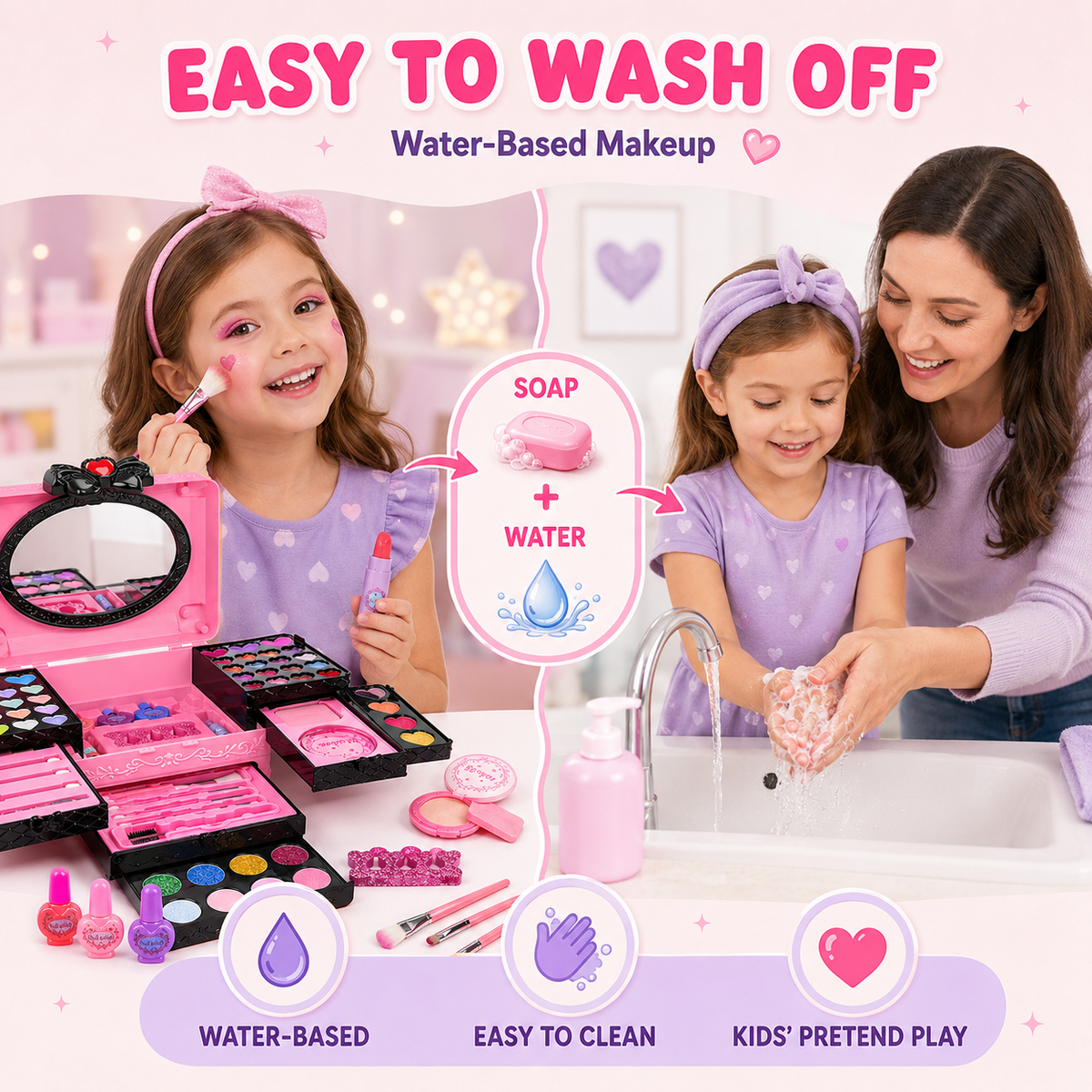LXUNLN 66PCS Kids Makeup Kit for Girls, Washable Makeup Set, Girls Toys Ages 3-12(Pink & Black)