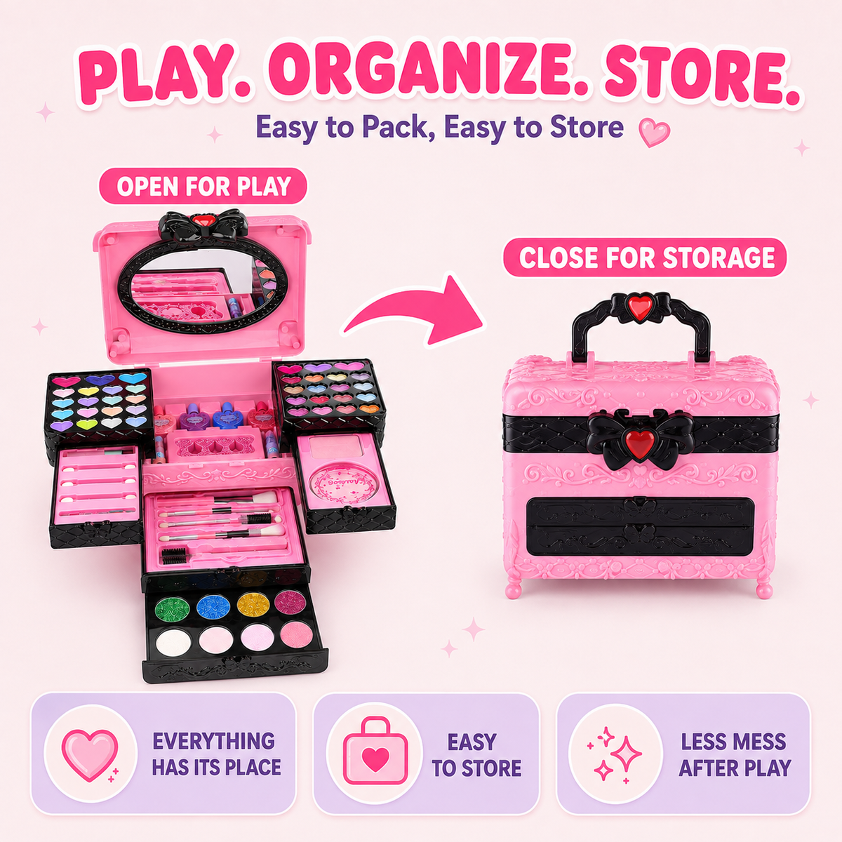 LXUNLN 66PCS Kids Makeup Kit for Girls, Washable Makeup Set, Girls Toys Ages 3-12(Pink & Black)