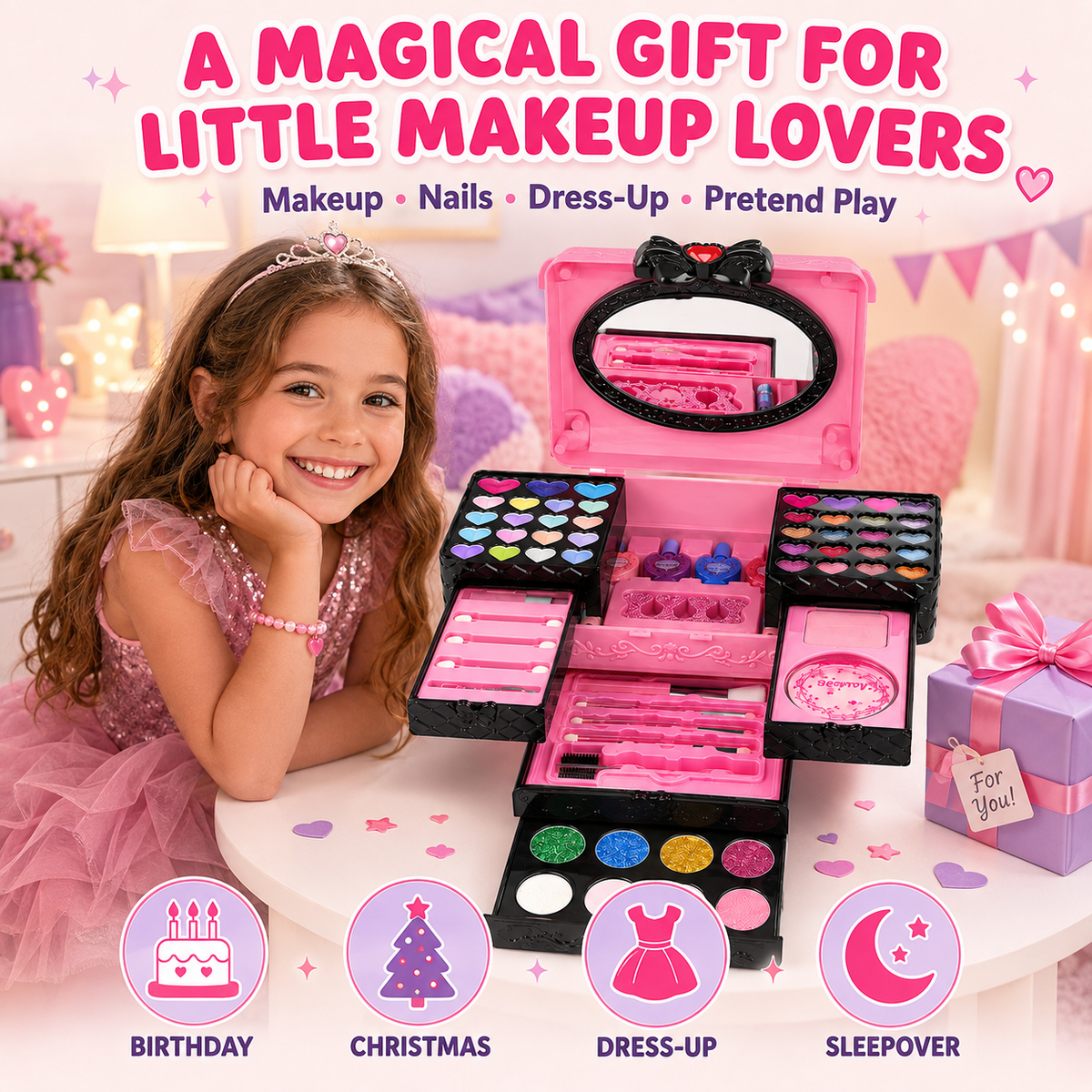 LXUNLN 66PCS Kids Makeup Kit for Girls, Washable Makeup Set, Girls Toys Ages 3-12(Pink & Black)