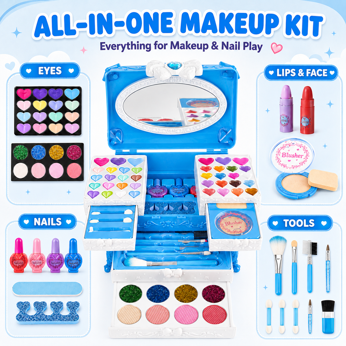 LXUNLN 66PCS Kids Makeup Kit for Girls, Washable Makeup Set, Girls Toys Ages 3-12(Blue)