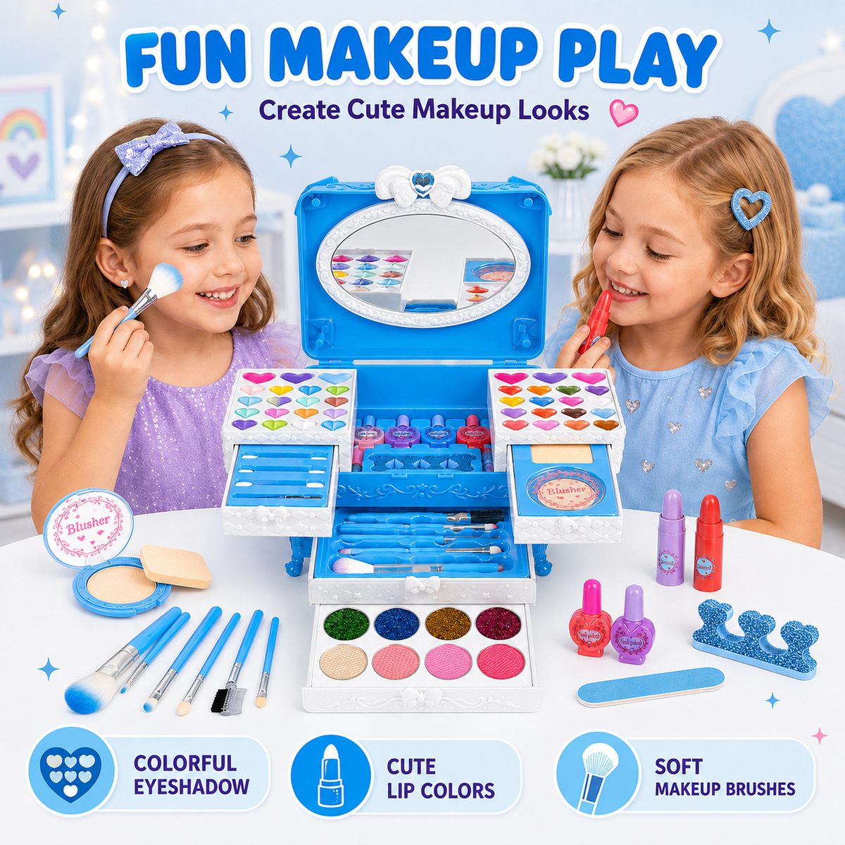 LXUNLN 66PCS Kids Makeup Kit for Girls, Washable Makeup Set, Girls Toys Ages 3-12(Blue)