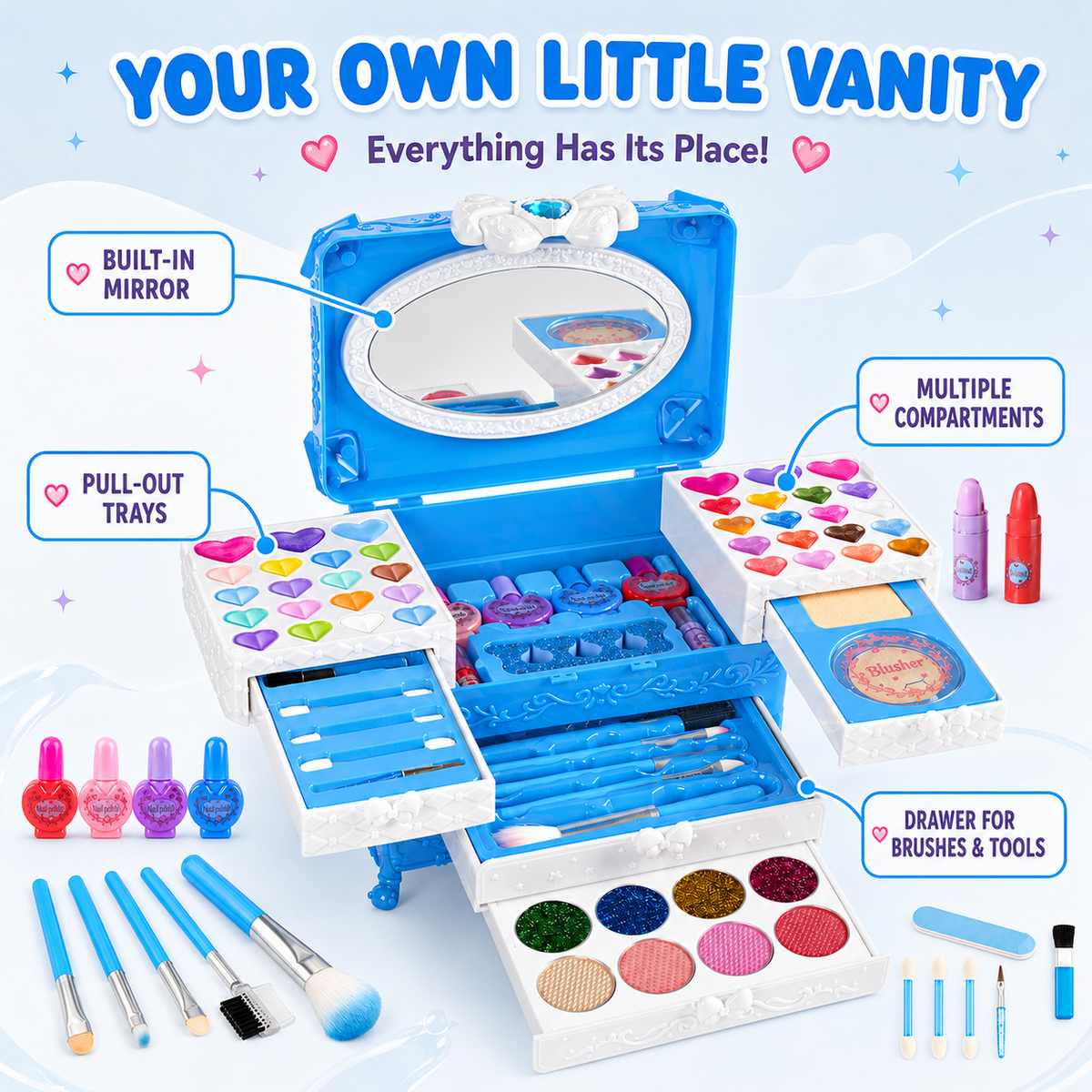 LXUNLN 66PCS Kids Makeup Kit for Girls, Washable Makeup Set, Girls Toys Ages 3-12(Blue)