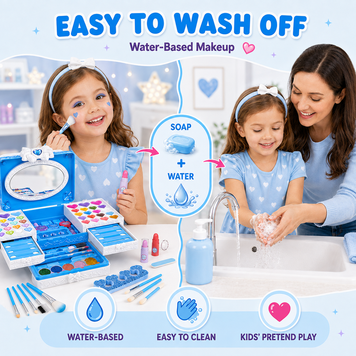 LXUNLN 66PCS Kids Makeup Kit for Girls, Washable Makeup Set, Girls Toys Ages 3-12(Blue)