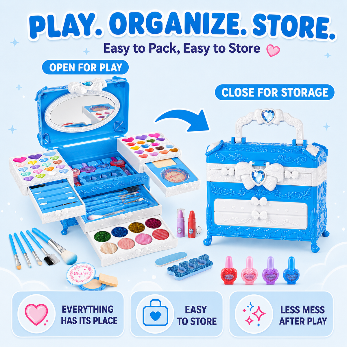 LXUNLN 66PCS Kids Makeup Kit for Girls, Washable Makeup Set, Girls Toys Ages 3-12(Blue)