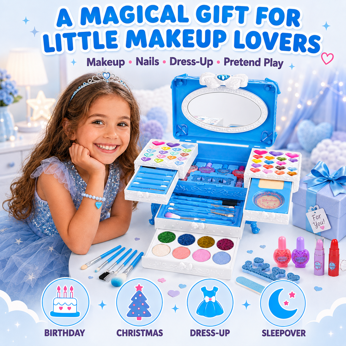 LXUNLN 66PCS Kids Makeup Kit for Girls, Washable Makeup Set, Girls Toys Ages 3-12(Blue)
