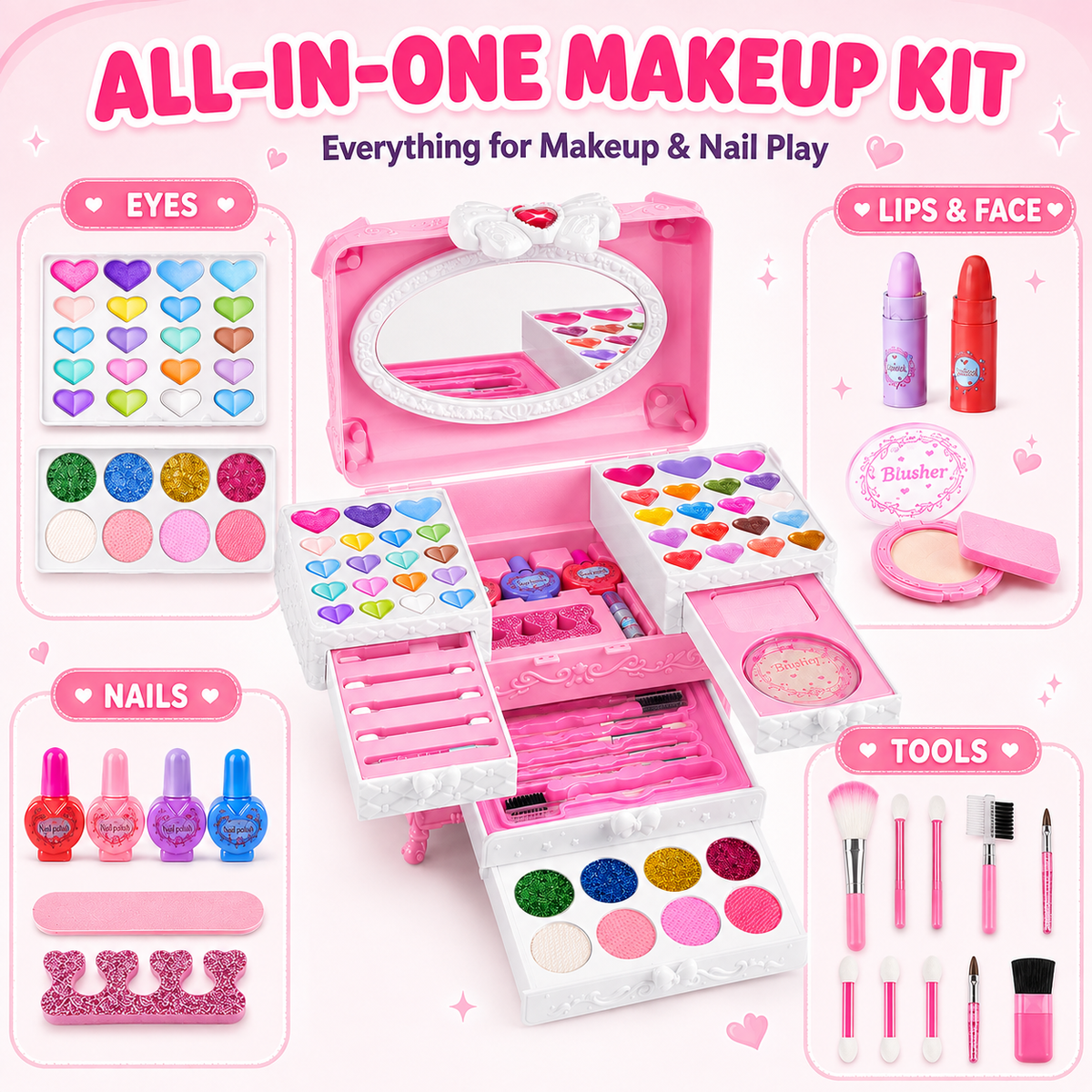 LXUNLN 66PCS Kids Makeup Kit for Girls, Washable Makeup Set, Girls Toys Ages 3-12(Pink)