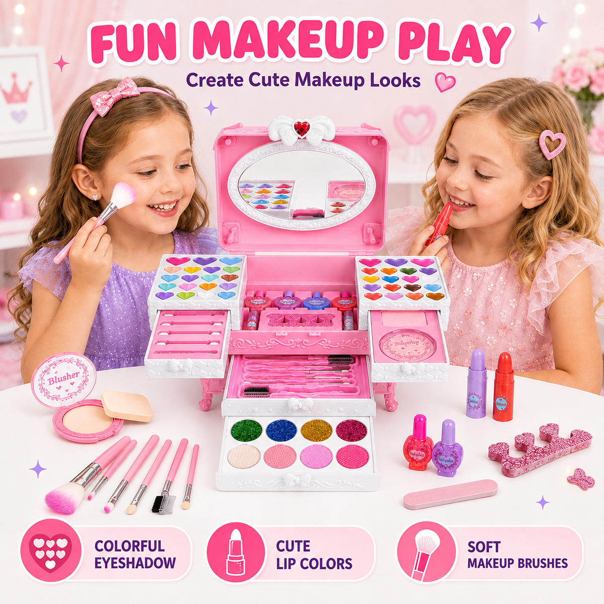 LXUNLN 66PCS Kids Makeup Kit for Girls, Washable Makeup Set, Girls Toys Ages 3-12(Pink)