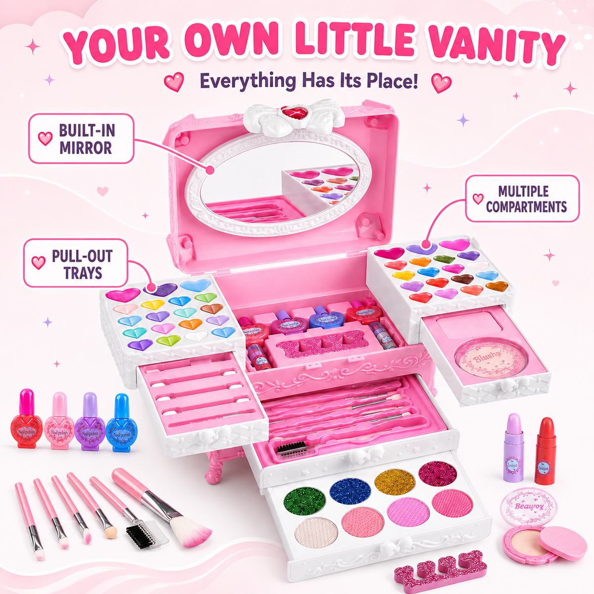 LXUNLN 66PCS Kids Makeup Kit for Girls, Washable Makeup Set, Girls Toys Ages 3-12(Pink)