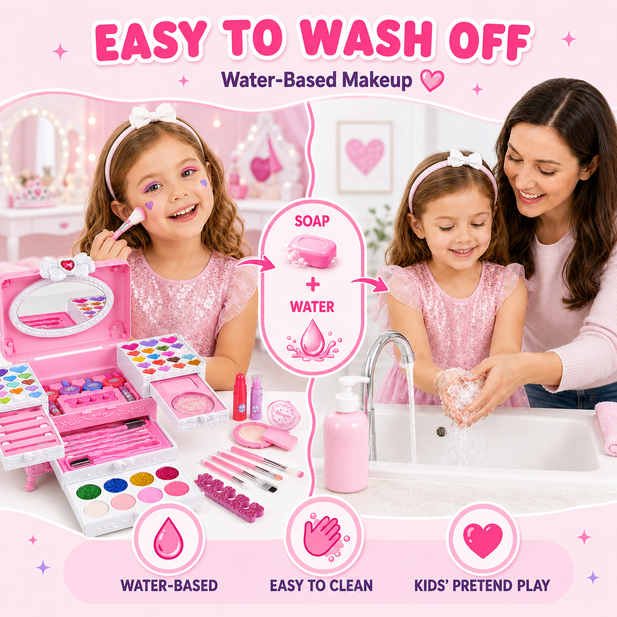 LXUNLN 66PCS Kids Makeup Kit for Girls, Washable Makeup Set, Girls Toys Ages 3-12(Pink)