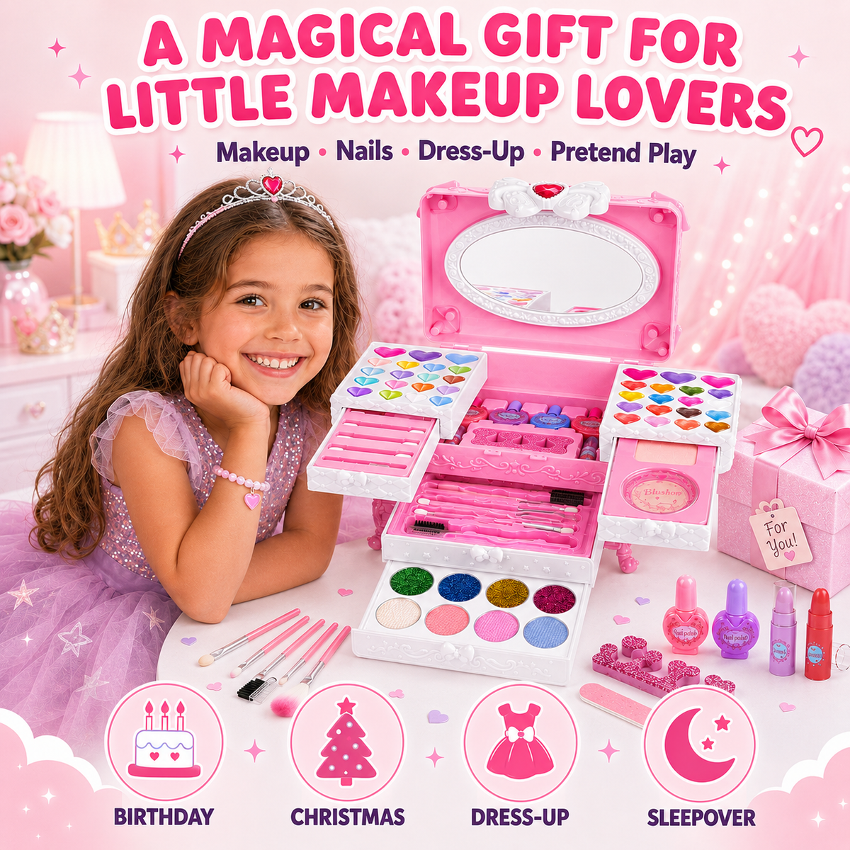 LXUNLN 66PCS Kids Makeup Kit for Girls, Washable Makeup Set, Girls Toys Ages 3-12(Pink)